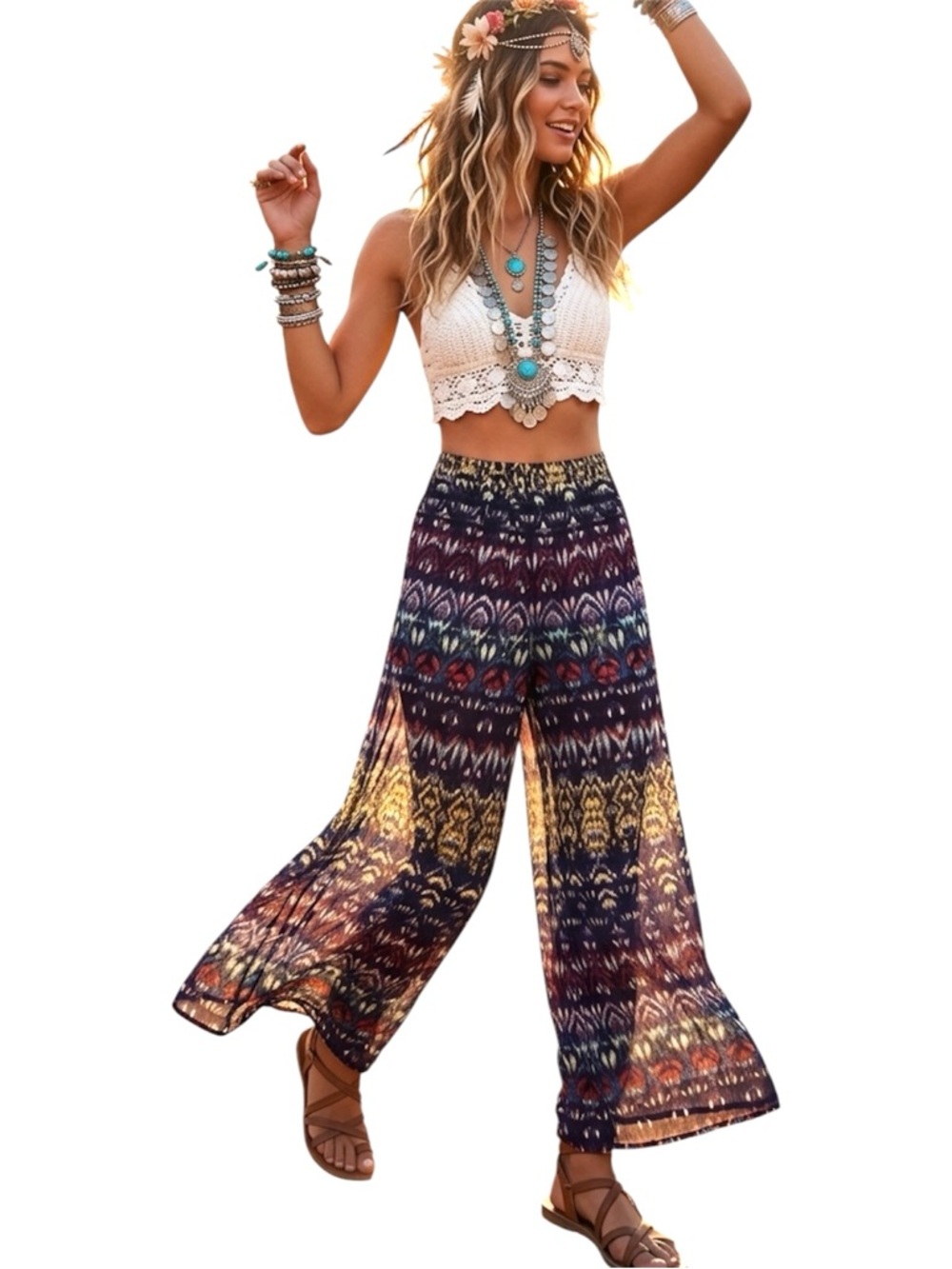 Boho Chic Ombré Geometric Stripe Palazzo Semi Sheer Pants Size Medium